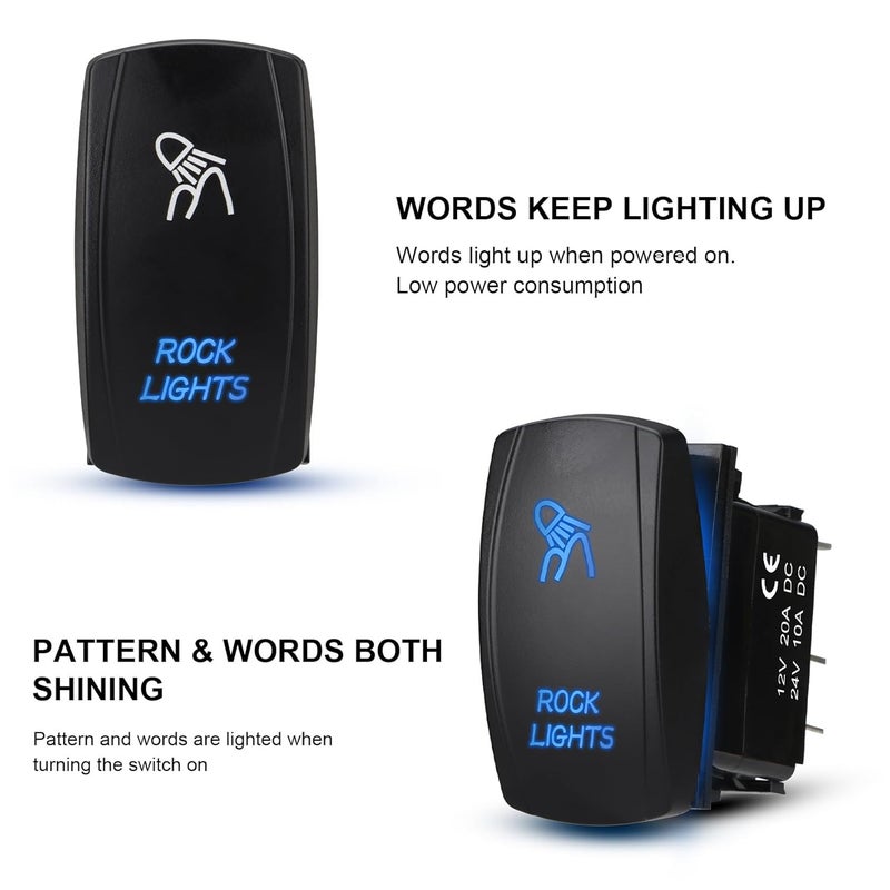 Weasch LED Rock Light Rocker Switch, Laser On/Off SPST 5Pin Waterproof, 20A/12V 10A/24V, with Jumper Wires for Cars Trucks RVs Boat ATV UTV RZR, Blue - Image 3
